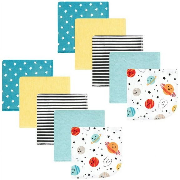 Hudson Baby Infant Boy Flannel Cotton Washcloths, Happy Planets 10 Pack, One Size