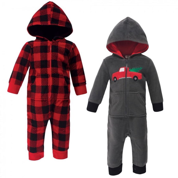 Hudson Baby Infant Boy Fleece Jumpsuits, Coveralls, and Playsuits 2pk, Christmas Tree, 0-3 Months