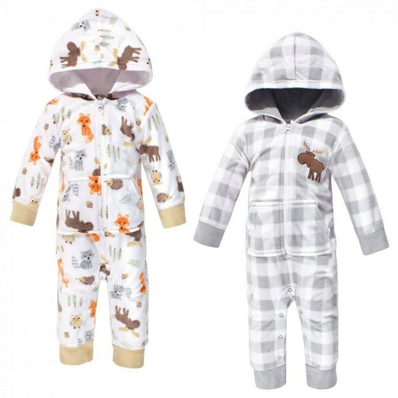 Hudson Baby Infant Boy Fleece Jumpsuits, Coveralls, and Playsuits 2pk, Woodland, 9-12 Months