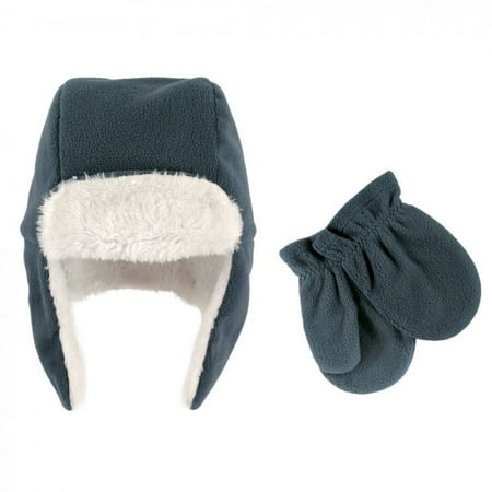 Hudson Baby Infant Boy Fleece Trapper Hat and Mitten 2pc Set, Coronet Blue, 0-6 Months