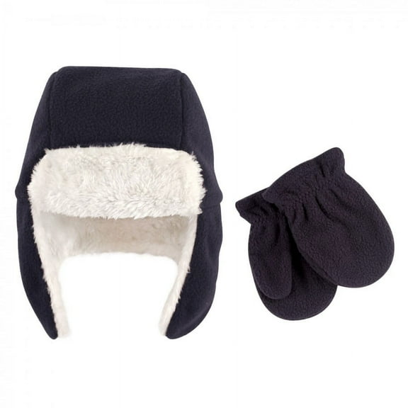 Hudson Baby Infant Boy Fleece Trapper Hat and Mitten 2pc Set, Navy, 0-6 Months