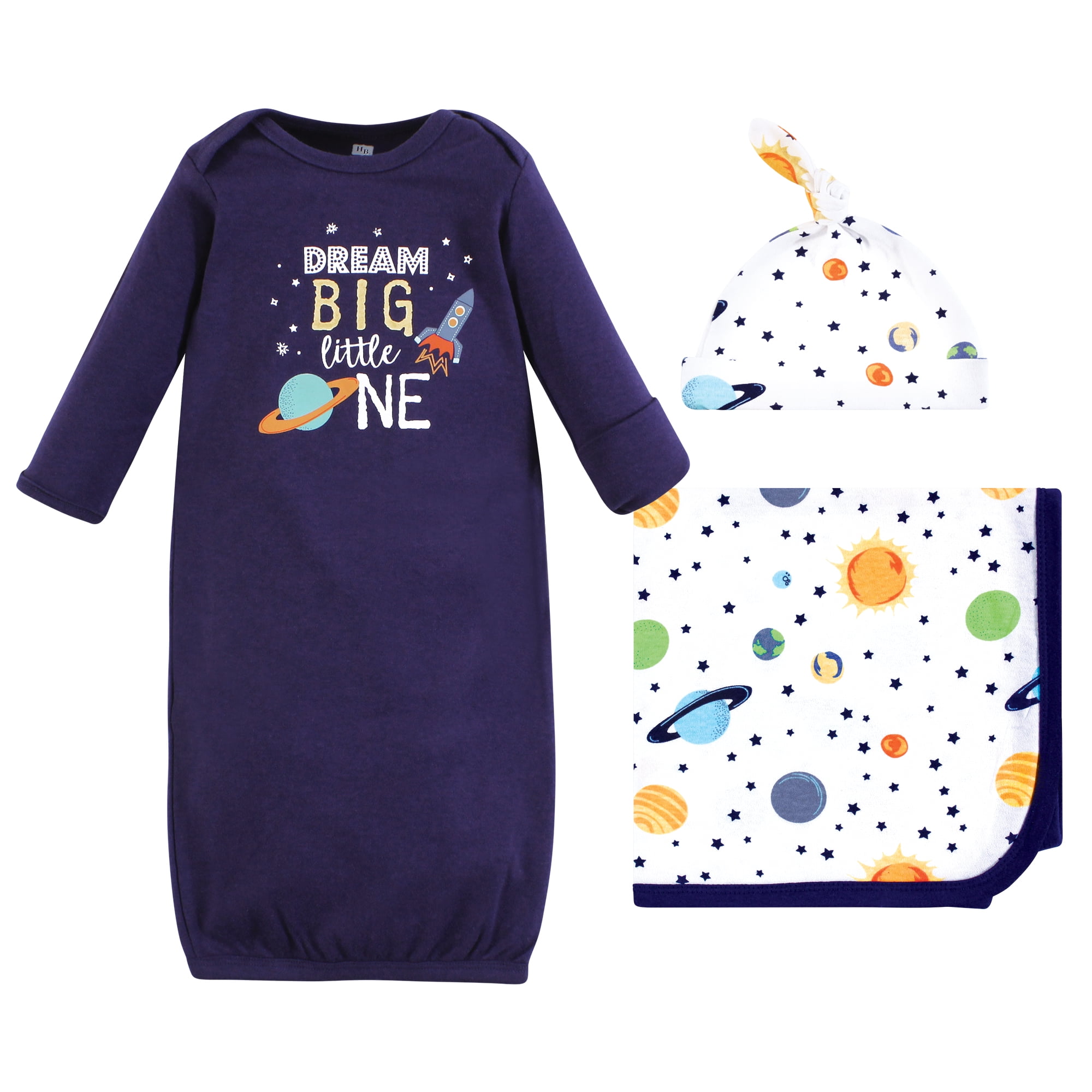 Hudson Baby Infant Boy Gown, Swaddle Blanket and Cap or Headband, Solar System, 0-6 Months