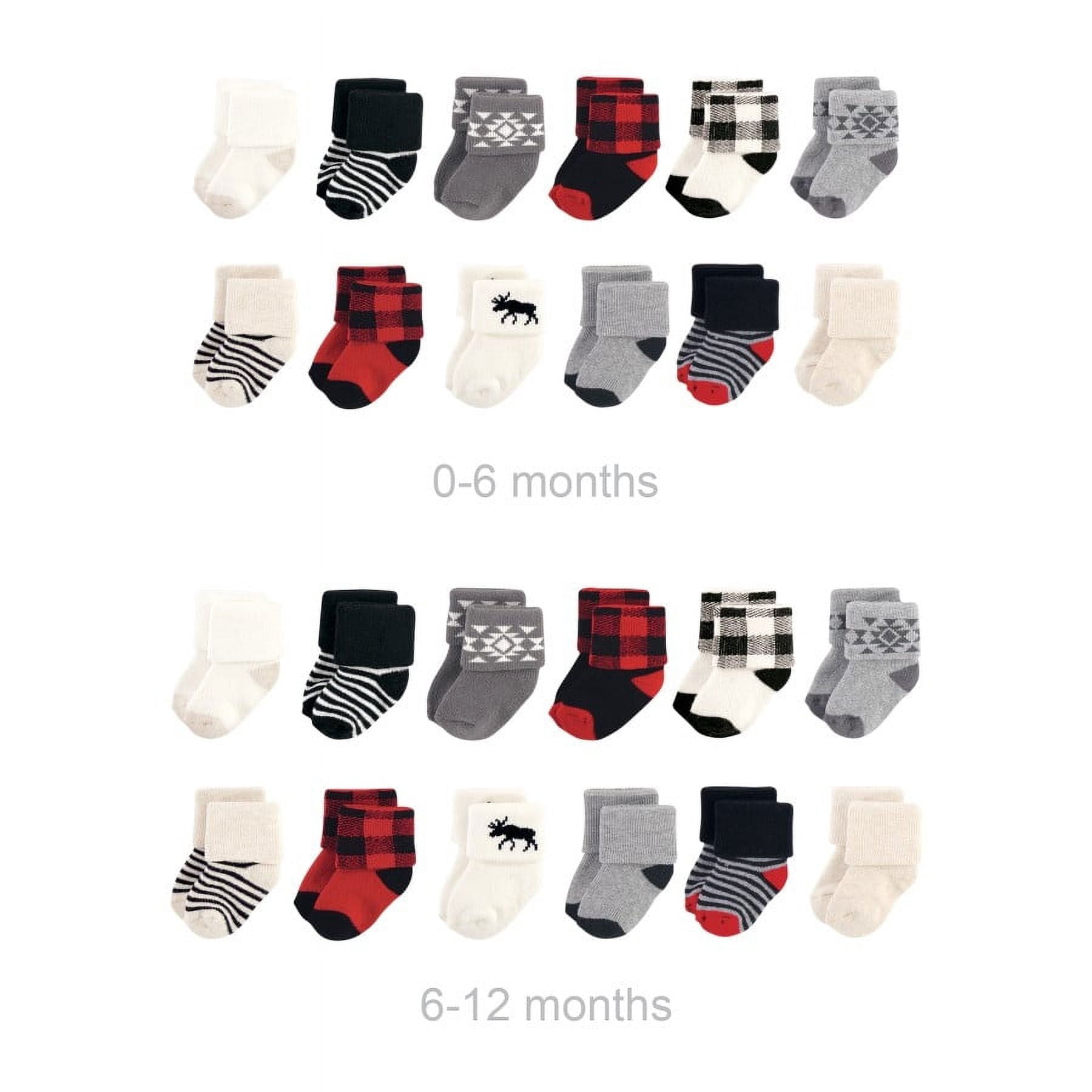 Hudson Baby Infant Boy Grow with Me Cotton Terry Socks, Buffalo Plaid Moose, 0-6 and 6-12 Months