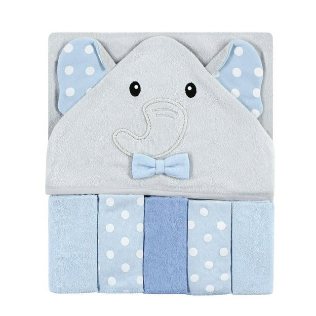 Hudson Baby Infant Boy Hooded Towel and Five Washcloths, White Dots Gray Elephant, One Size