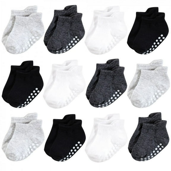 Hudson Baby Infant Boy Non-Skid No-Show Socks, Black White, 0-6 Months