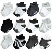 Hudson Baby Infant Boy Non-Skid No-Show Socks, Black White Stripes, 0-6 Months
