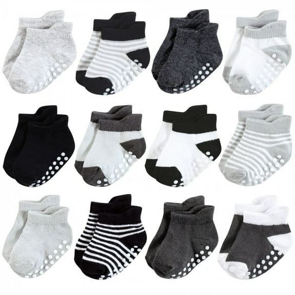 Hudson Baby Infant Boy Non-Skid No-Show Socks, Black White Stripes, 0-6 Months