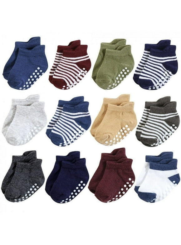 Hudson Baby Infant Boy Non-Skid No-Show Socks, Blue Burgundy, 2-4 Toddler