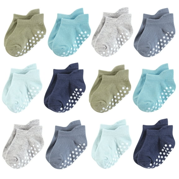 Hudson Baby Infant Boy Non-Skid No-Show Socks, Blue Gray Teal, 0-6 Months