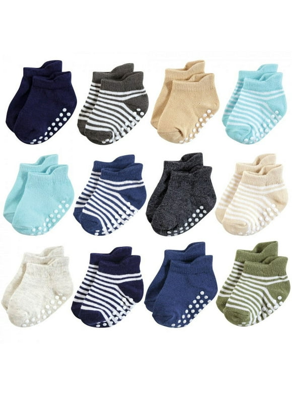 Hudson Baby Infant Boy Non-Skid No-Show Socks, Blue Tan, 0-6 Months