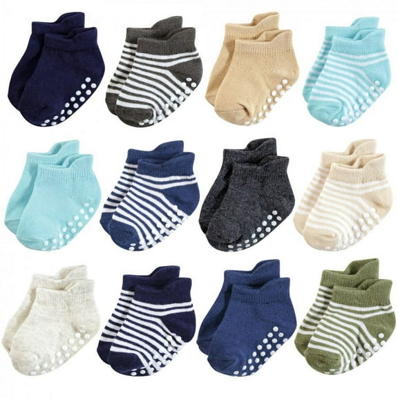Hudson Baby Infant Boy Non-Skid No-Show Socks, Blue Tan, 12-24 Months
