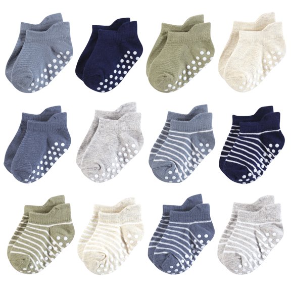 Hudson Baby Infant Boy Non-Skid No-Show Socks, Boy Asst Stripes, 0-6 Months