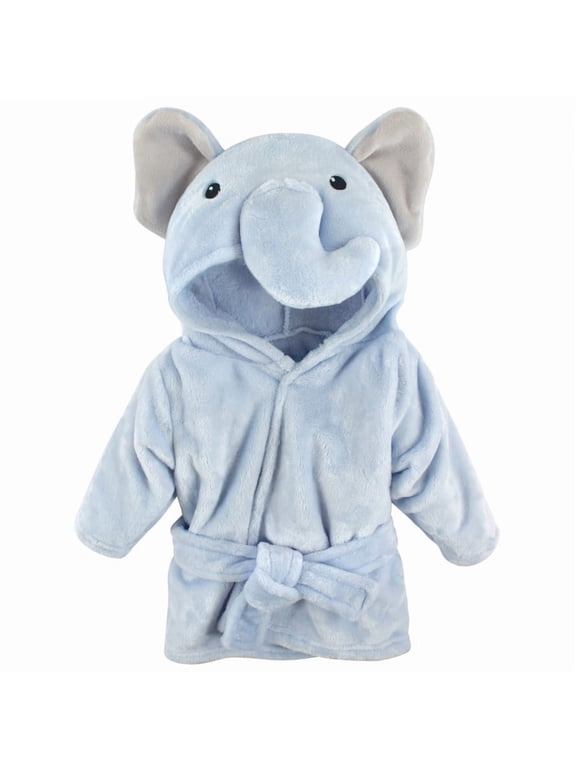 Infant Boy Plush Animal Face Bathrobe, Blue Gray Elephant, 0-9 Months
