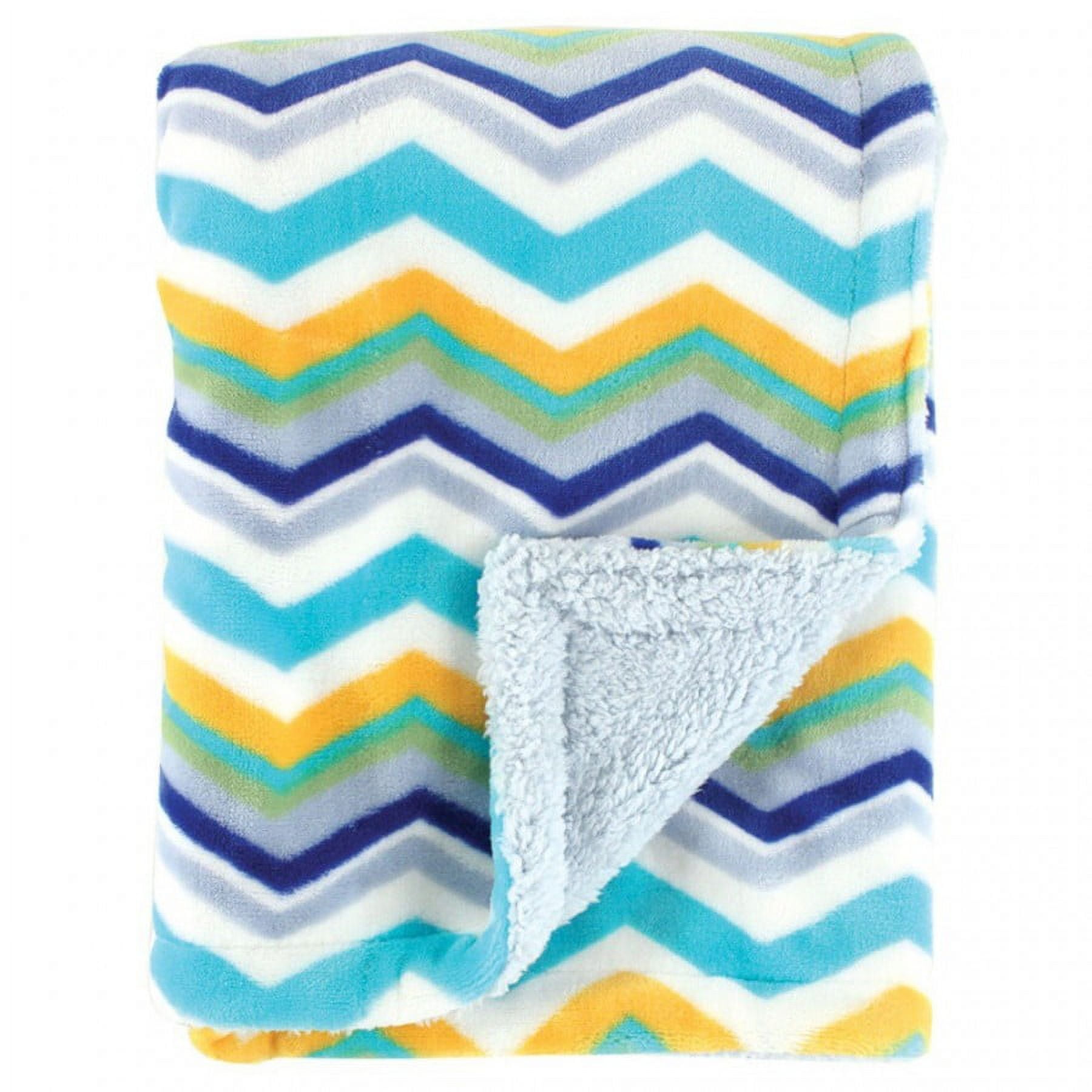 Blue Chevron Fleece and Sherpa Hooded Baby Blanket, 40" x 30"