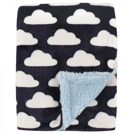 Hudson Baby Infant Boy Plush Blanket with Faux Shearling Back, Navy Clouds, One Size