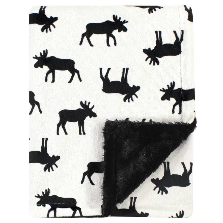 Hudson Baby Infant Boy Plush Blanket with Furry Binding and Back, Moose, One Size