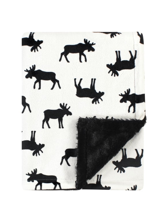 Infant Boy Plush Blanket with Furry Binding and Back, Moose, One Size