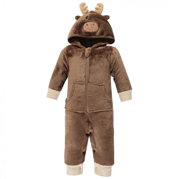 Hudson Baby Infant Boy Plush Jumpsuits, Brown Moose, 9-12 Months