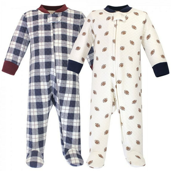 Hudson Baby Infant Boy Premium Quilted Zipper Sleep and Play 2pk, Football, 0-3 Months