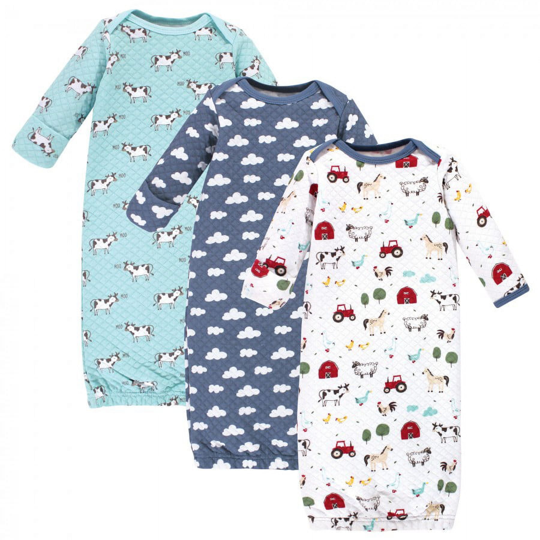 Hudson Baby Cotton Quilted Long Sleeve Gowns Baby Bodysuits & One-Pieces, 0-6 Months, 3 Pack
