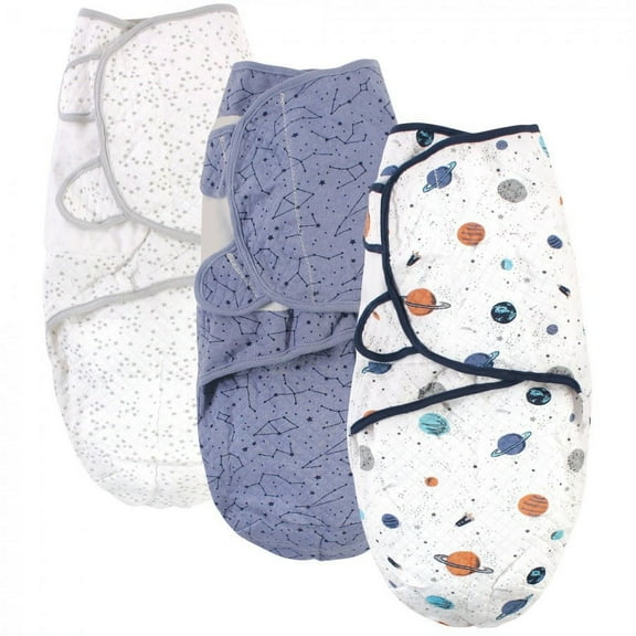 Hudson Baby Infant Boy Quilted Cotton Swaddle Wrap 3pk, Space, 0-3 Months