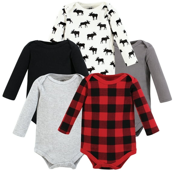 Hudson Baby Infant Boy Thermal Long Sleeve Bodysuits, Buffalo Plaid Moose, 12-18 Months