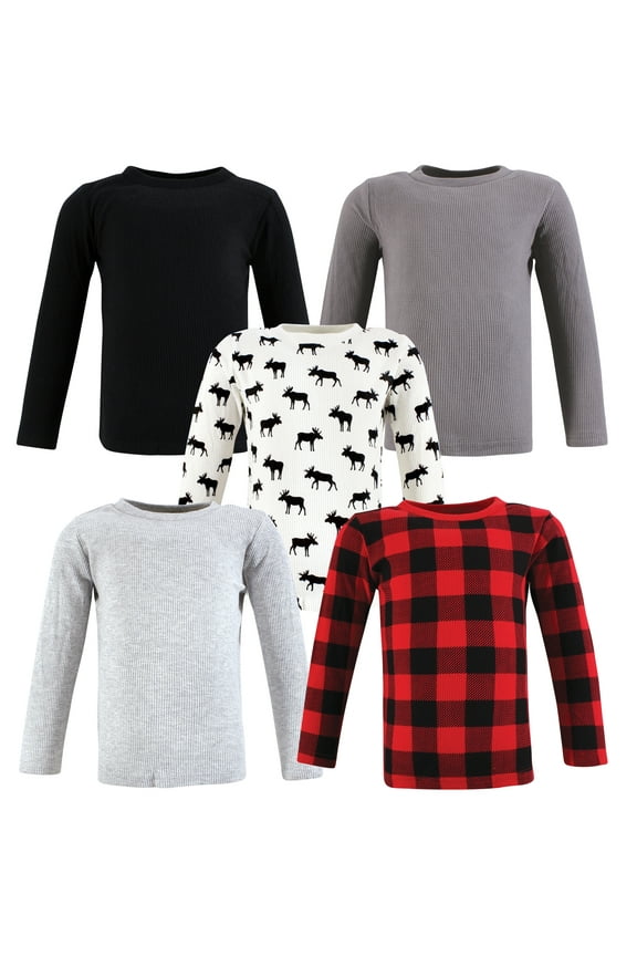 Infant Boy Thermal Long Sleeve Tees 5pk, Buffalo Plaid Moose, 6-12 Months