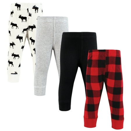 Hudson Baby Infant Boy Thermal Tapered Ankle Pants 4pk, Buffalo Plaid Moose, Newborn
