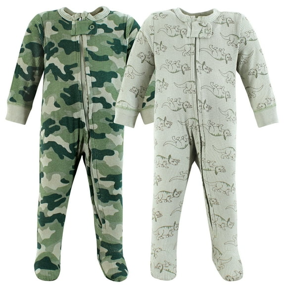 Hudson Baby Infant Boy Thermal Zipper Sleep and Play 2pk, Sage Dinosaur, Newborn