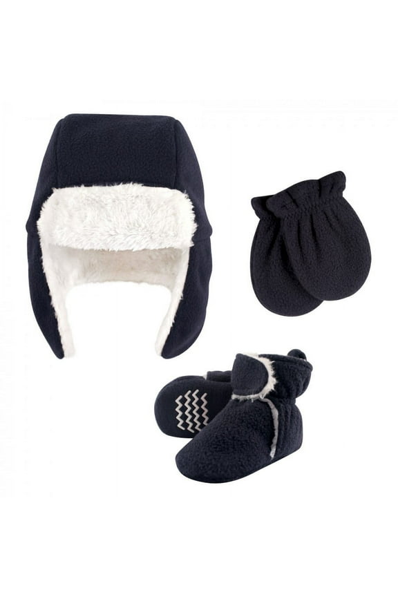 Infant Boy Trapper Hat, Mitten and Bootie Set, Navy, 0-6 Months