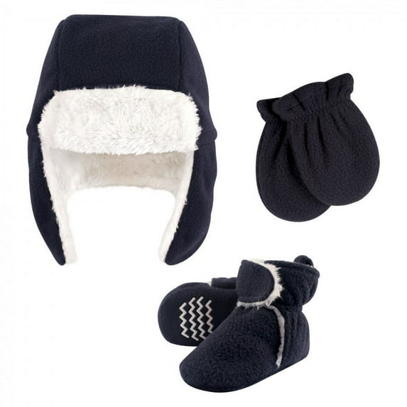 Hudson Baby Infant Boy Trapper Hat, Mitten and Bootie Set, Navy, 6-12 Months