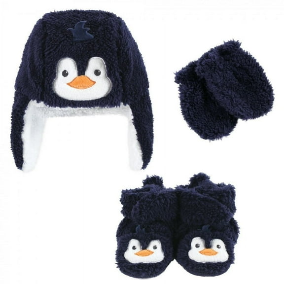Hudson Baby Infant Boy Trapper Hat, Mitten and Bootie Set, Navy Penguin, 0-6 Months