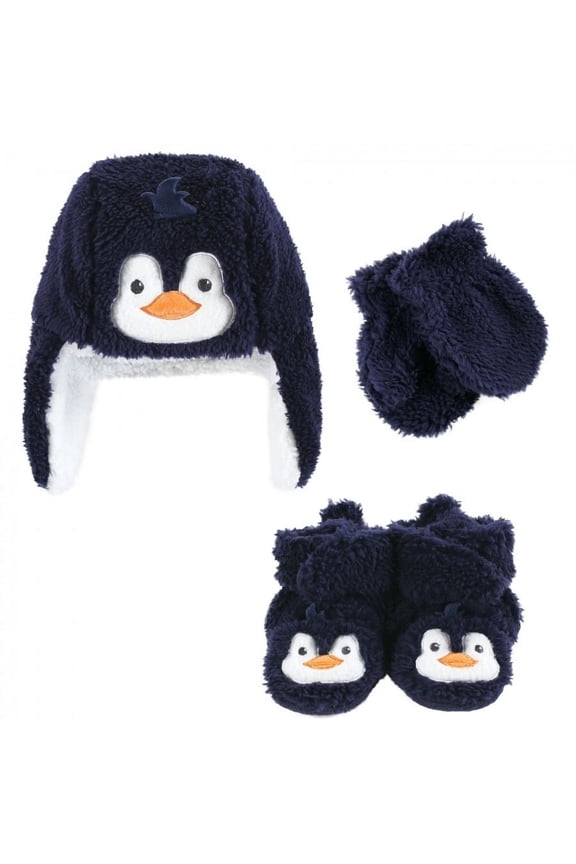 Infant Boy Trapper Hat, Mitten and Bootie Set, Navy Penguin, 6-12 Months
