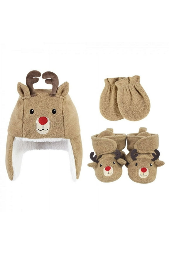Infant Boy Trapper Hat, Mitten and Bootie Set, Reindeer, 0-6 Months