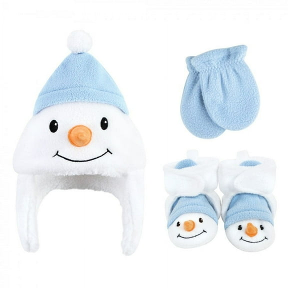 Hudson Baby Infant Boy Trapper Hat, Mitten and Bootie Set, Snowman, 0-6 Months