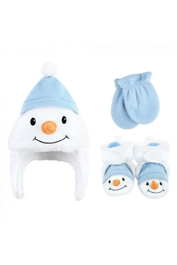 Infant Boy Trapper Hat, Mitten and Bootie Set, Snowman, 0-6 Months
