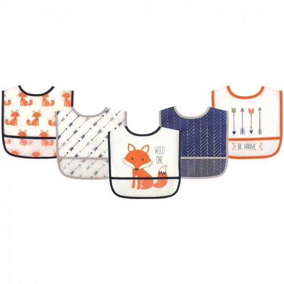 Hudson Baby Infant Boy Waterproof PEVA Bibs 5pk, Fox, One Size