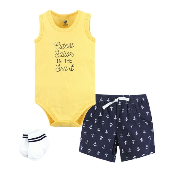 Hudson Baby Infant Boys Bodysuit, Short and Sock, Cutest Sailor, 0-3 Months