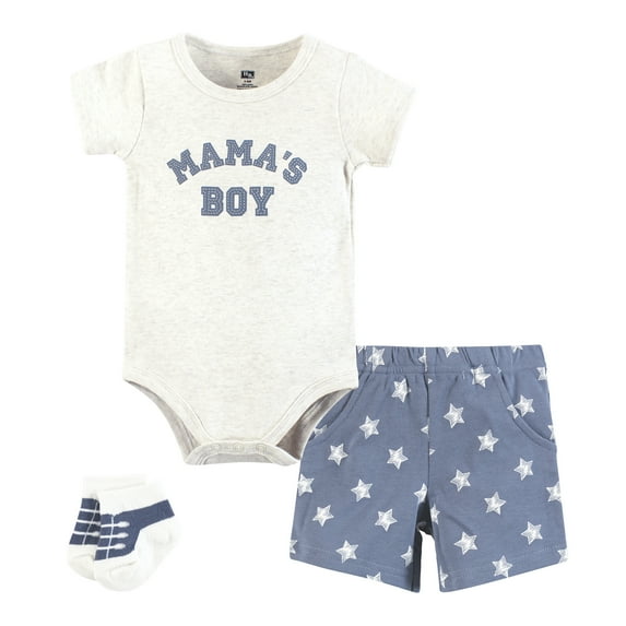 Hudson Baby Infant Boys Bodysuit, Short and Sock, Mamas Boy Blue Star, 18-24 Months