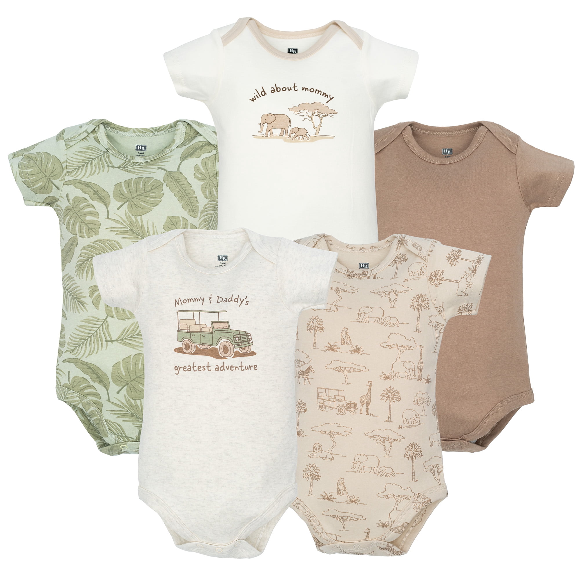 Hudson Baby Infant Boys Cotton Bodysuits 5-Pack, Beige Safari, 9-12 Months