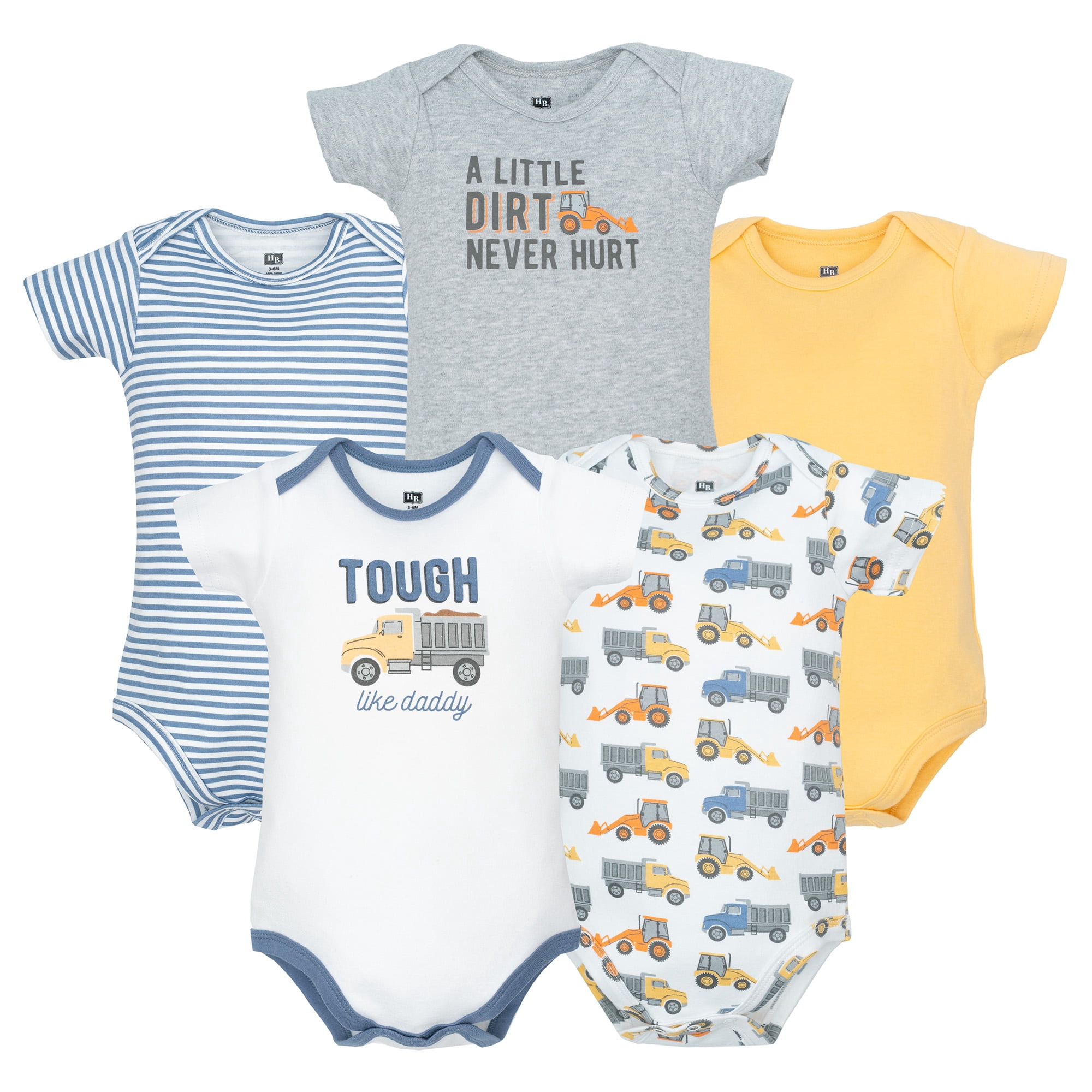 Hudson Baby Infant Boys Cotton Bodysuits 5-Pack, Blue Construction Trucks, 9-12 Months