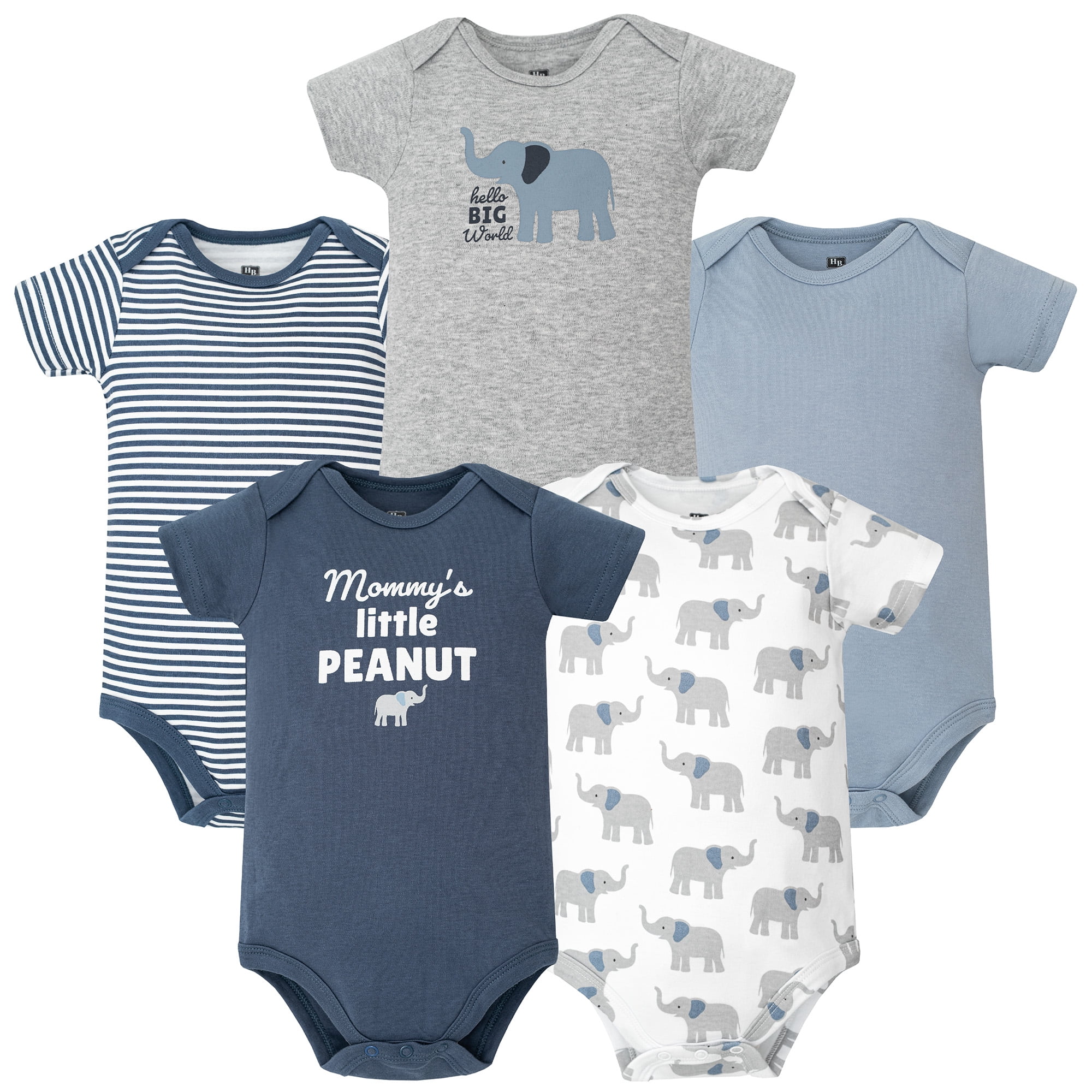 Hudson Baby Infant Boys Cotton Bodysuits 5-Pack, Blue Elephant Peanut, 12-18 Months