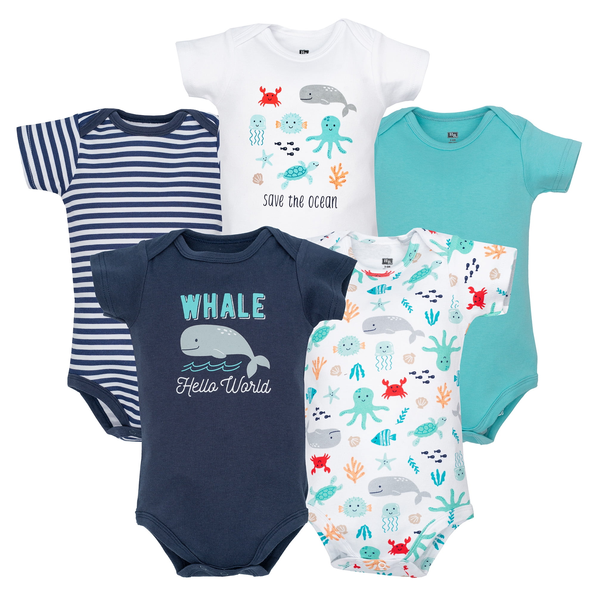 Hudson Baby Infant Boys Cotton Bodysuits 5-Pack, Sea Characters, 0-3 Months