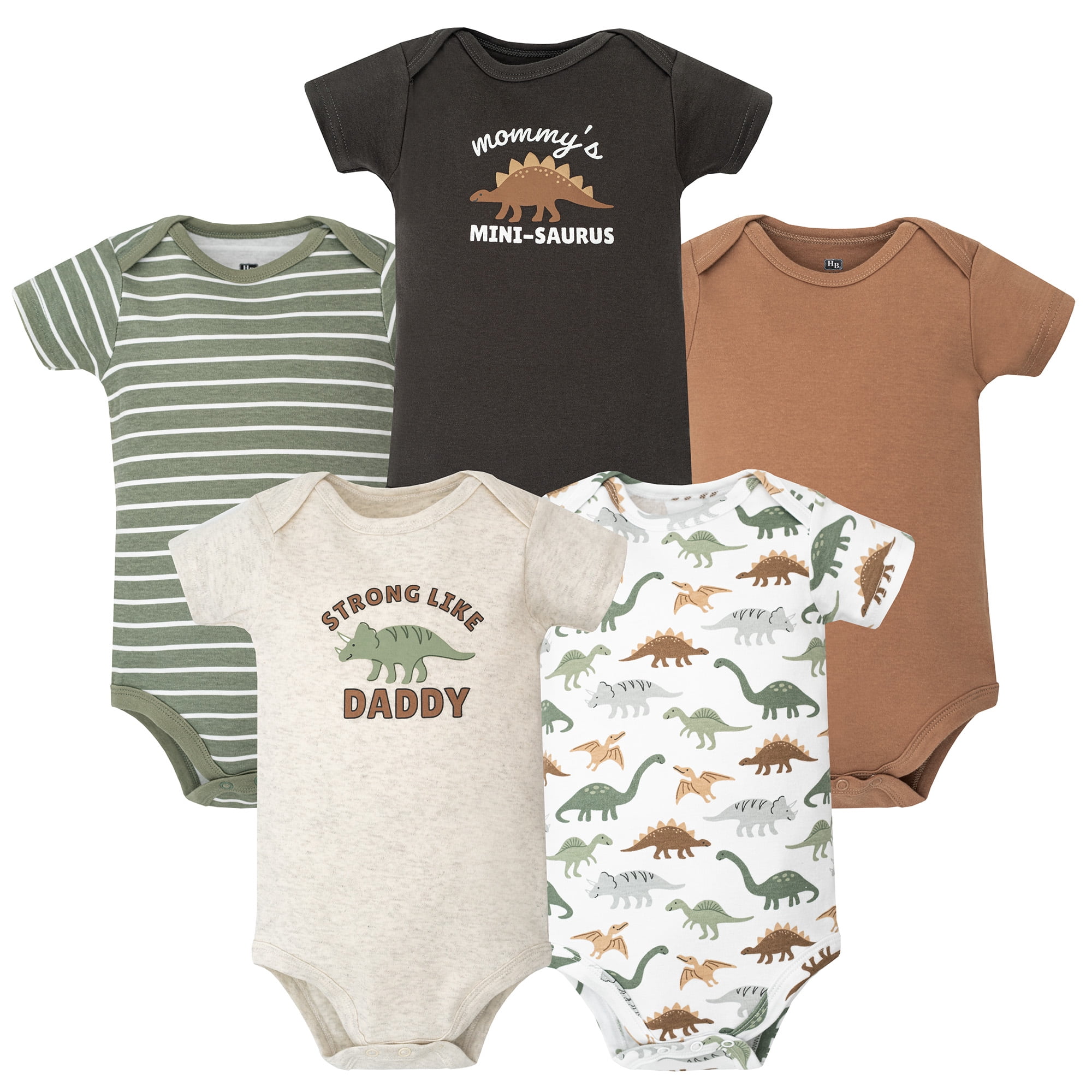 Hudson Baby Infant Boys Cotton Bodysuits 5-Pack, Strong Like Daddy Dino, 6-9 Months