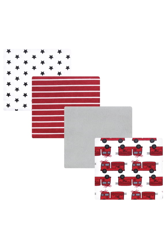 Infant Boys Cotton Flannel Receiving Blankets 4-Pack, Fire Truck , One Size