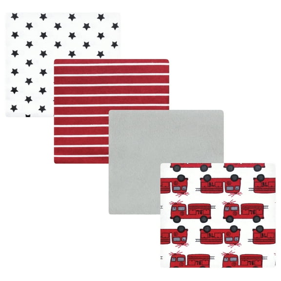 Hudson Baby Infant Boys Cotton Flannel Receiving Blankets 4-Pack, Fire Truck , One Size