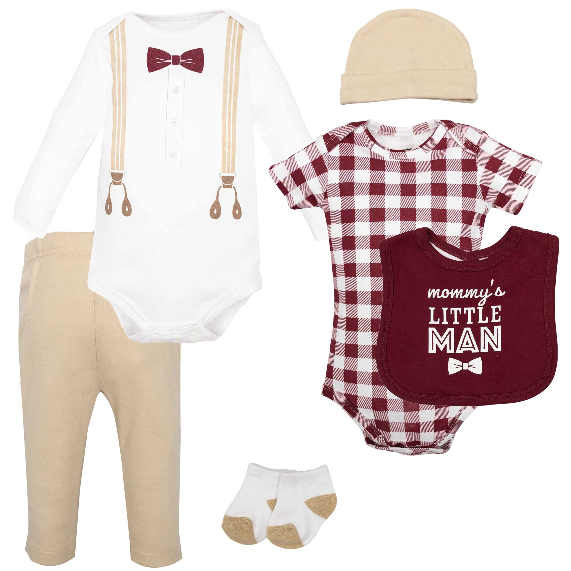 Hudson Baby Infant Boys Cotton Layette Set, Burgundy Tan Suspenders, 0-3 Months