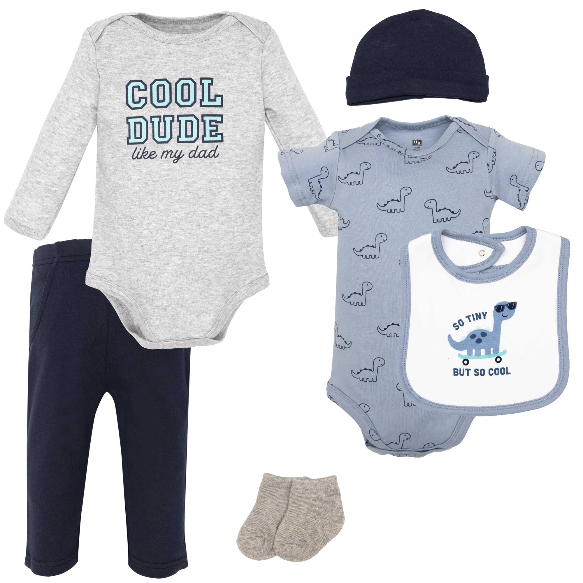 Hudson Baby Infant Boys Cotton Layette Set, Cool Skateboard Dino, 0-3 Months
