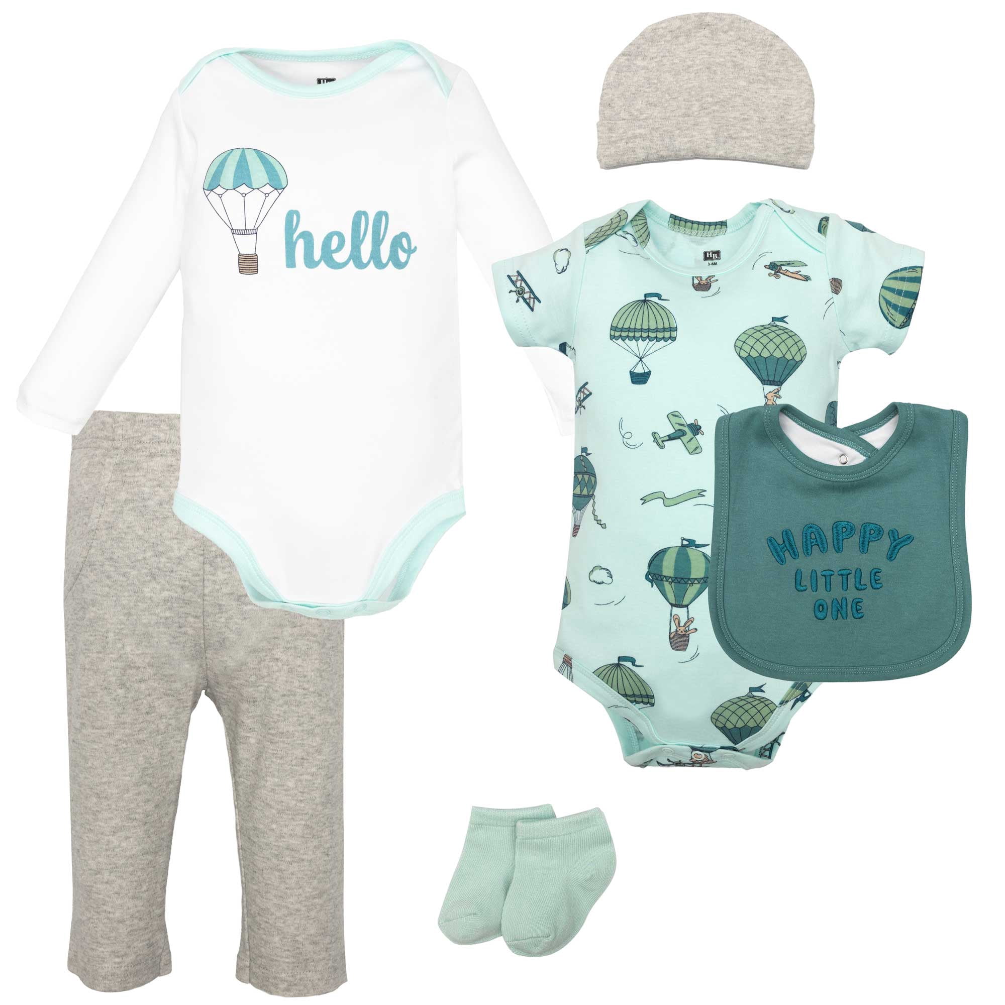 Hudson Baby Infant Boys Cotton Layette Set, Teal Hot Air Balloon, 3-6 Months