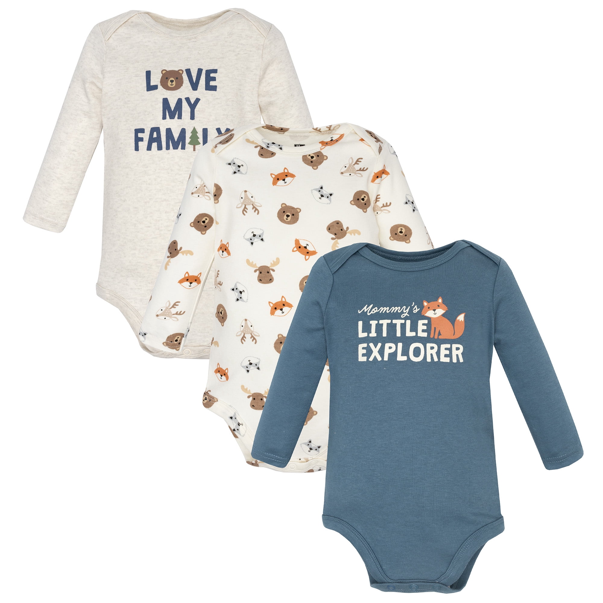 Hudson Baby Infant Boys Cotton Long-Sleeve Bodysuits 3-Pack, Cute Woodland, 6-9 Months
